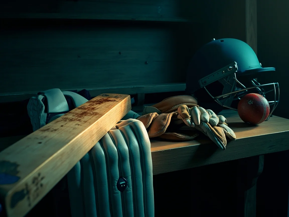 Cricket equipment laid out on a green outfield: bat, gloves, pads and helmet