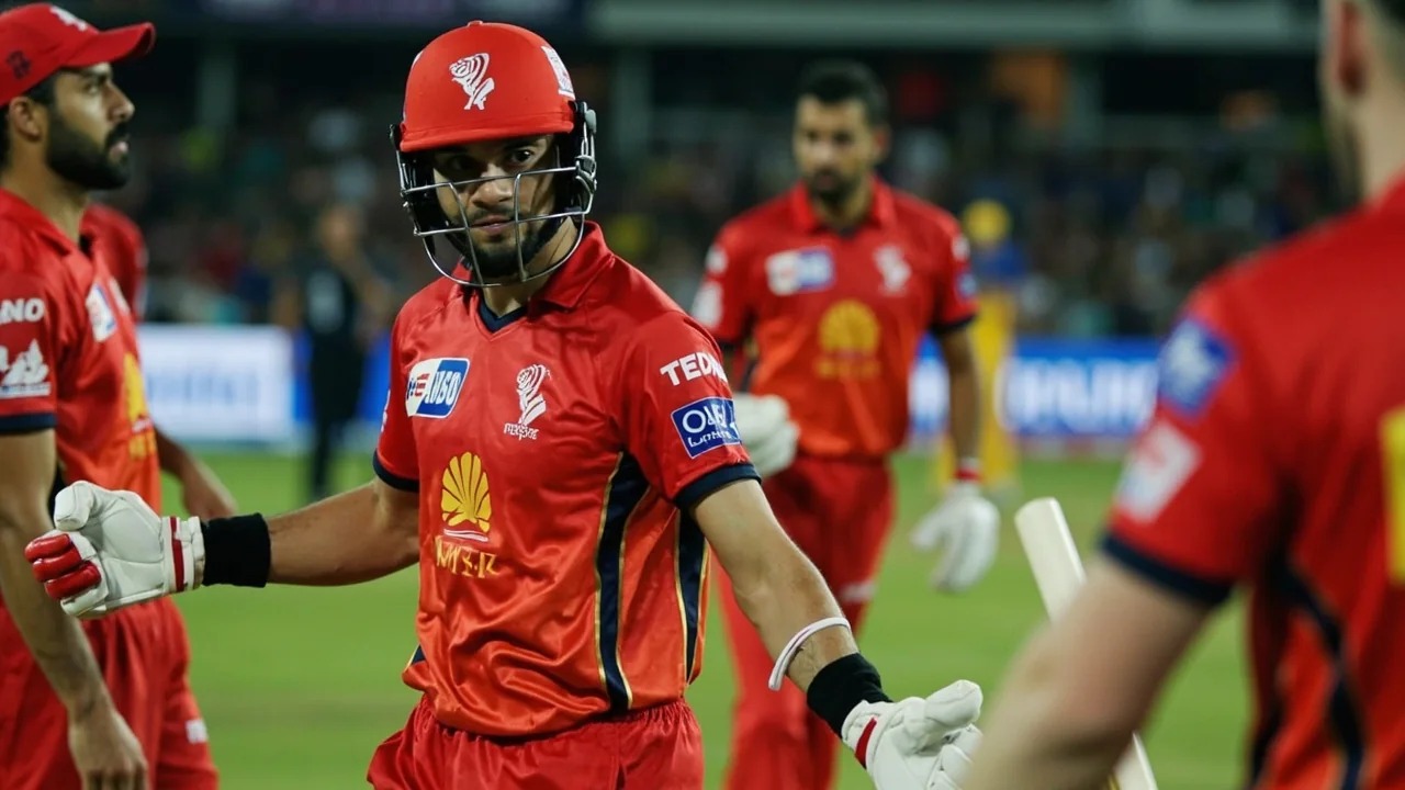A medium tactical scene of an IPL match in progress, with fielders set, a batter on the crease, and the captain in conversation with the bowler between overs