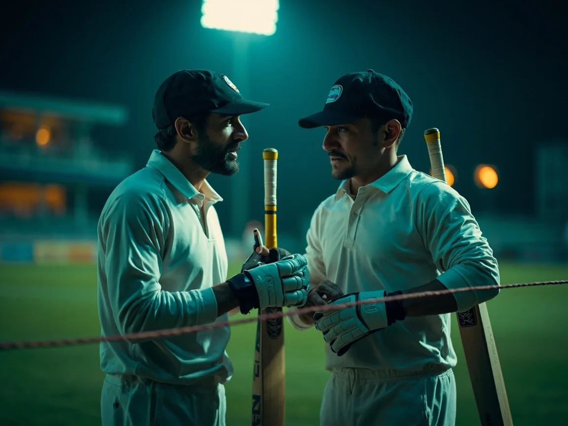 A cricket captain consulting with a teammate near the boundary rope during warm-ups at night
