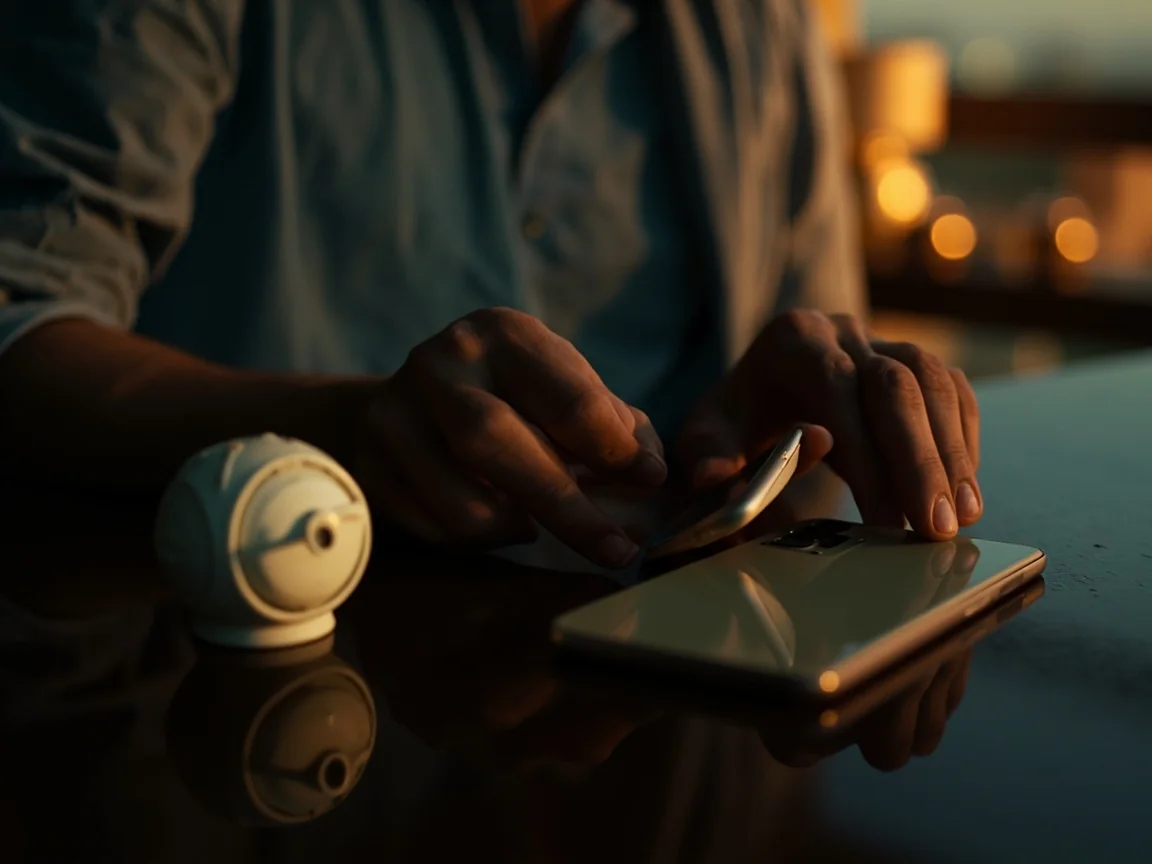 An adult cricket fan putting a smartphone face down beside a kitchen timer at home, calm deliberate mood