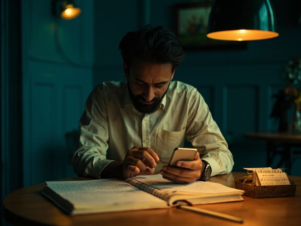 An adult Indian cricket supporter planning a season at a café table using a blank grid notebook
