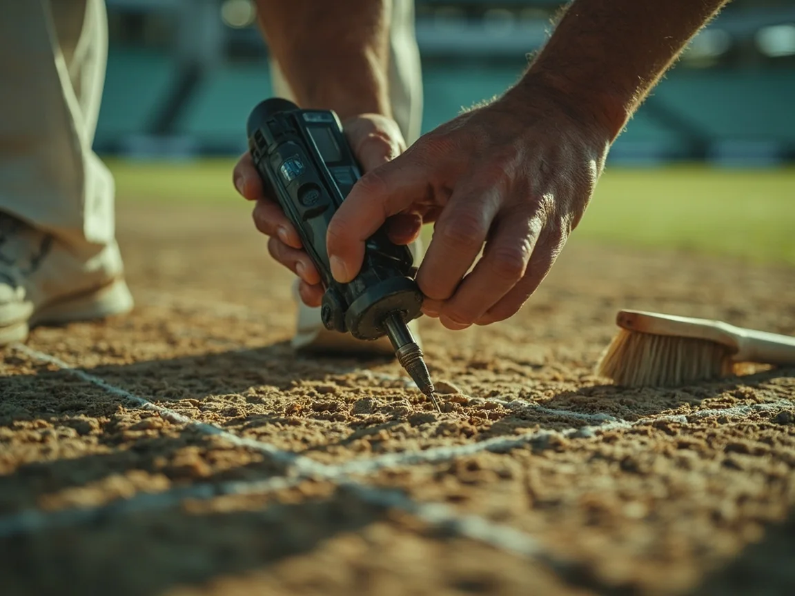 A cricket curator inspecting a match pitch with a moisture meter and hand brush during early evening