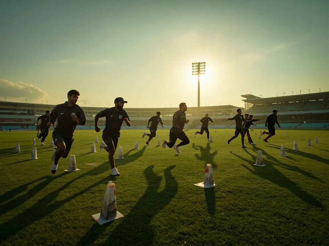 An Indian professional cricket squad performing warm-up drills on an outfield, varied natural movement