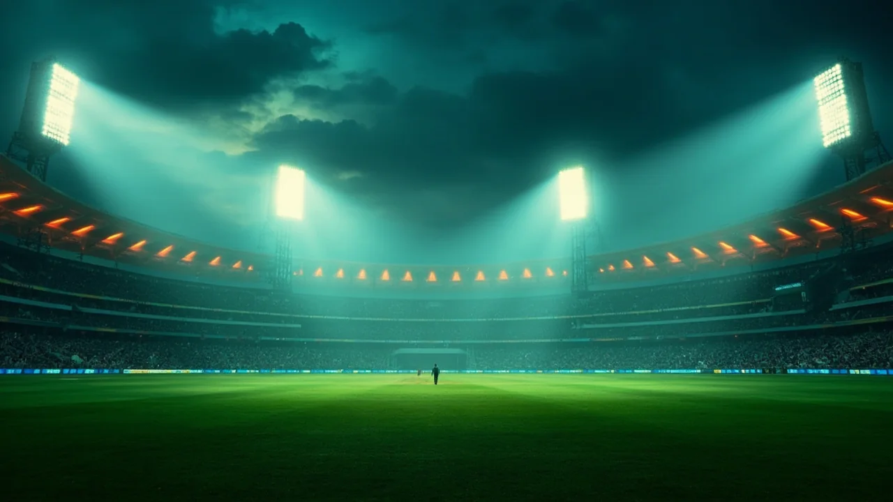 Wide view of an Indian cricket stadium moments before play, players entering through the gate