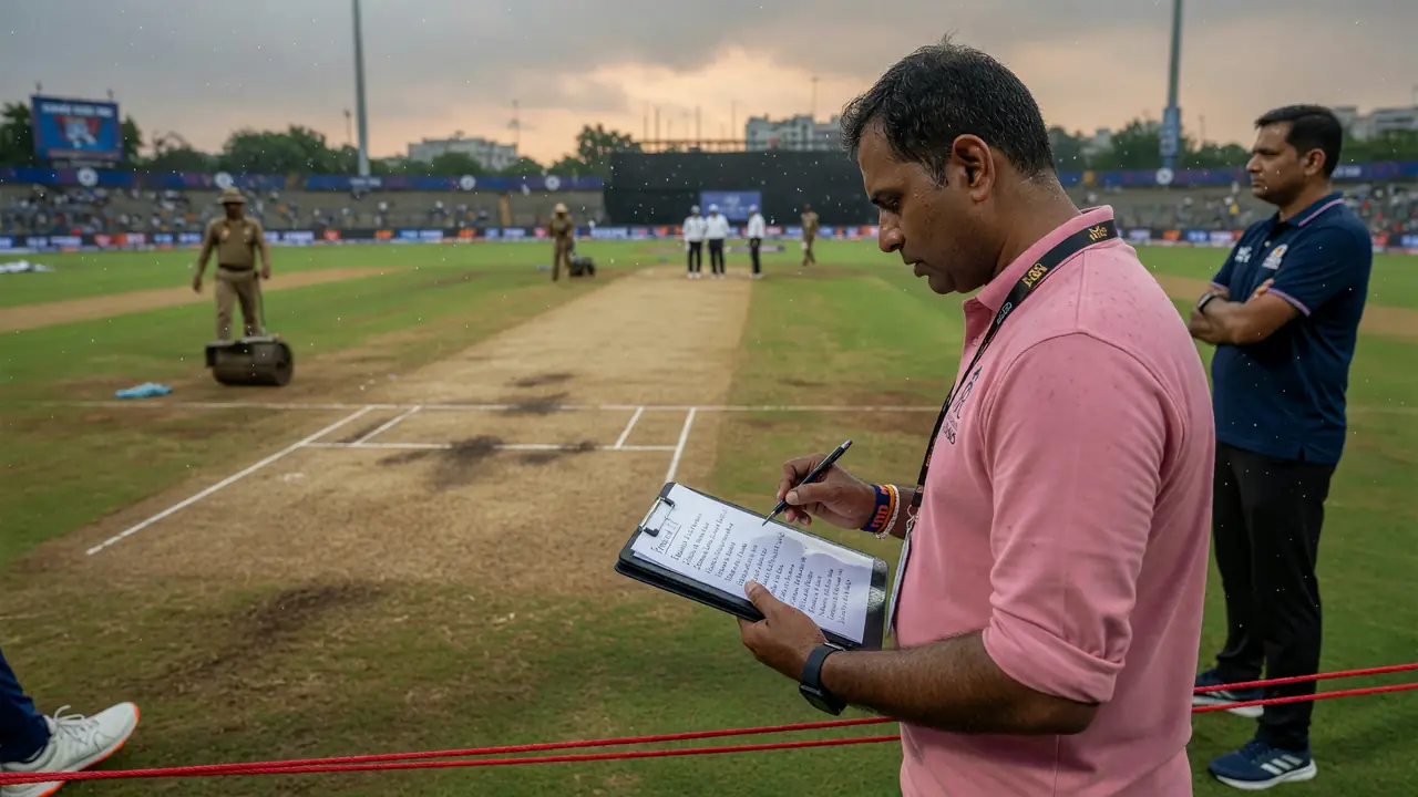 A fast bowler in delivery stride under bright stadium light, batter set at the non-striker end in the background