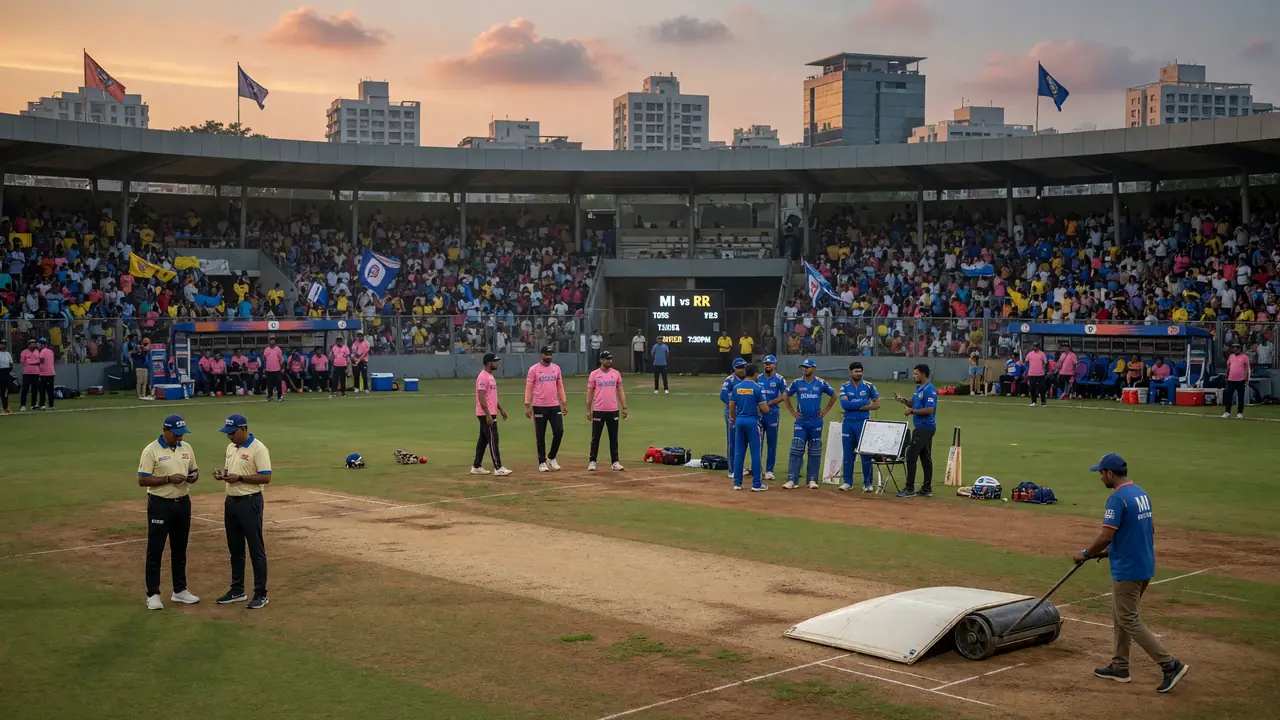 Wide afternoon view of a packed Mumbai cricket stadium with the field set for an IPL match