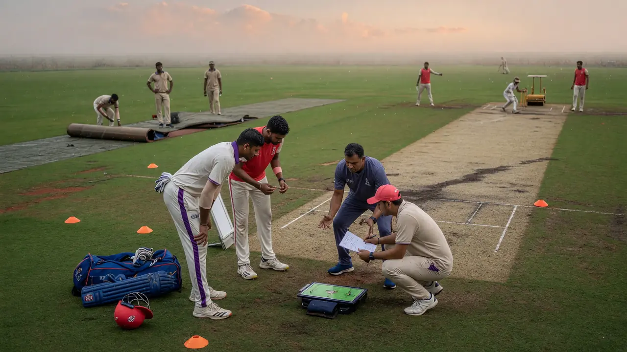 Fielders and a bowler set in a medium tactical ring on a sunlit outfield, cones and practice gear near the boundary