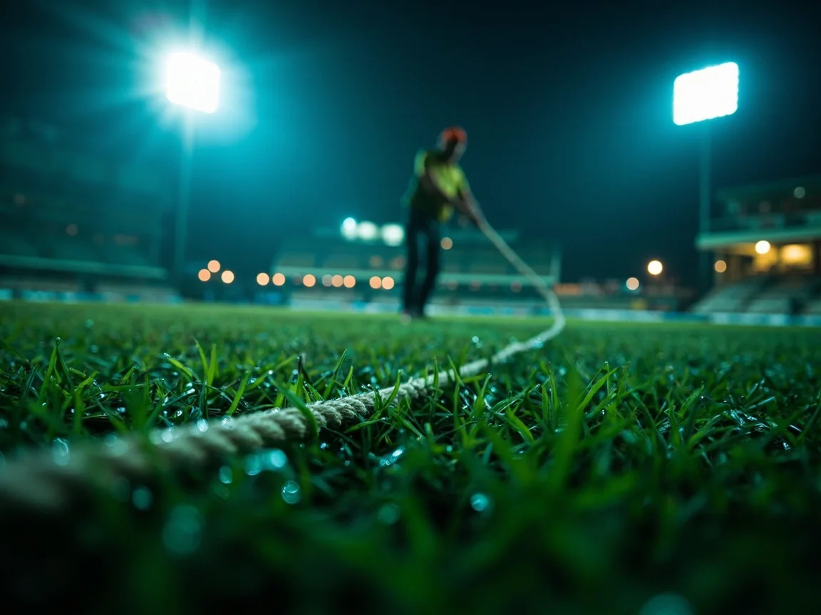 A groundskeeper using a roller on a dewy outfield during early evening