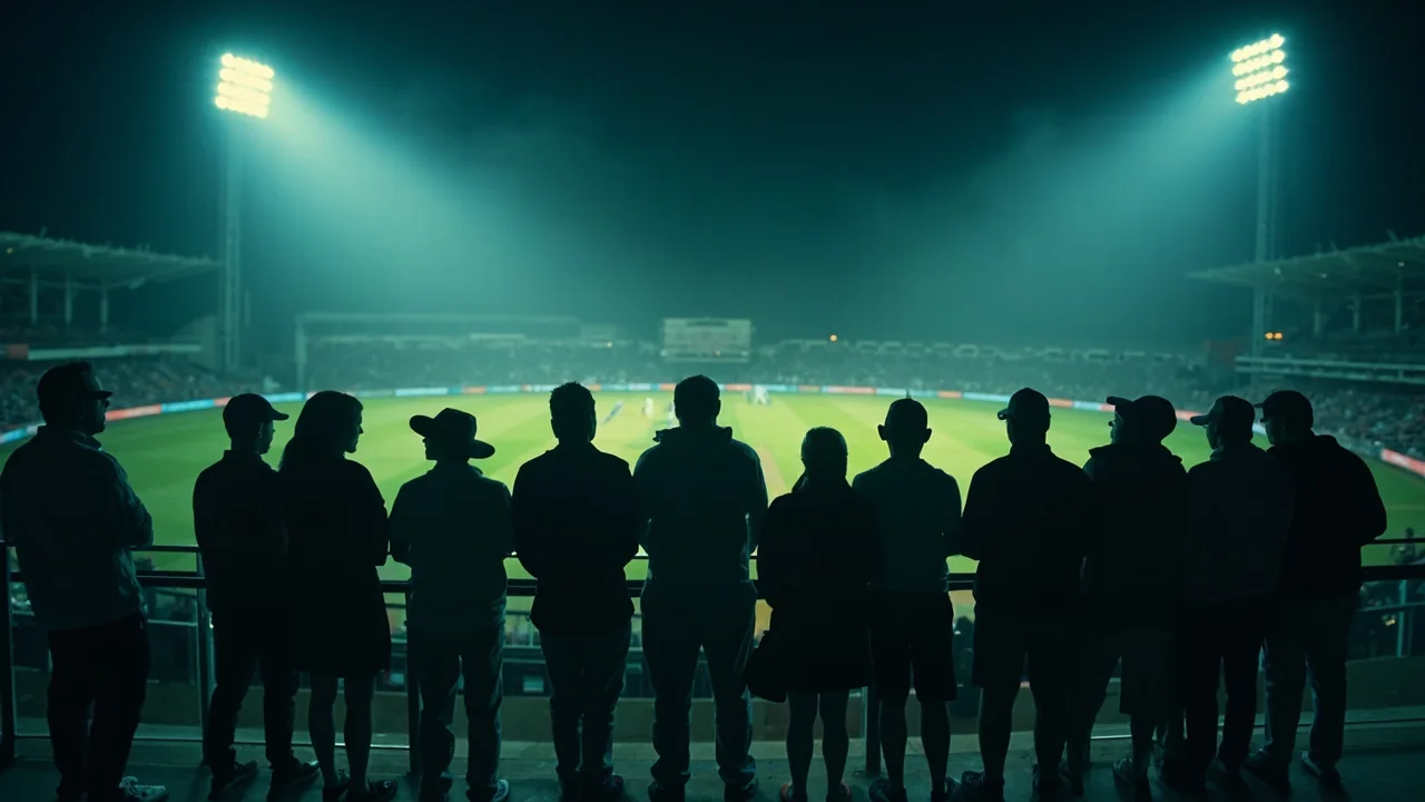 An IPL stadium at evening start, fans filling the lower tier and the teams lined up for the toss