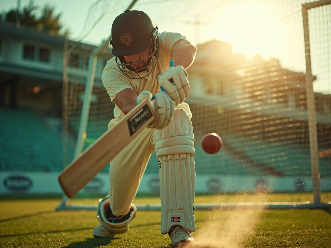 A batter working on technique in the nets during an evening session, viewed from behind the stumps