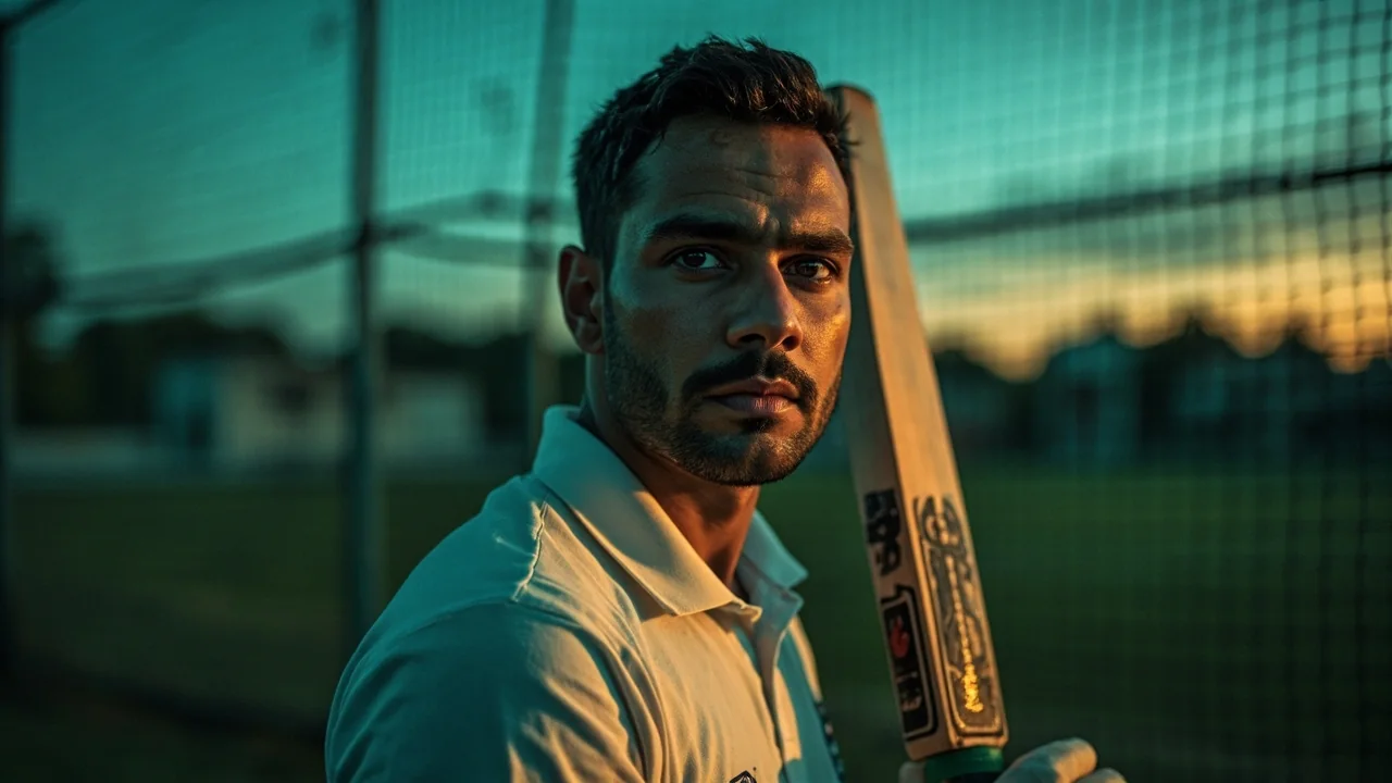 A cricket player in training kit during an evening practice session, photographed from a low angle