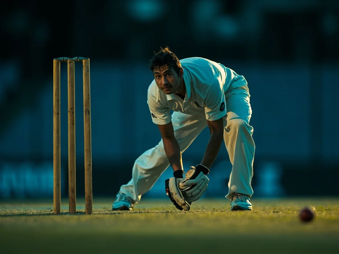 A wicketkeeper in ready stance behind the stumps, gloves and pads visible