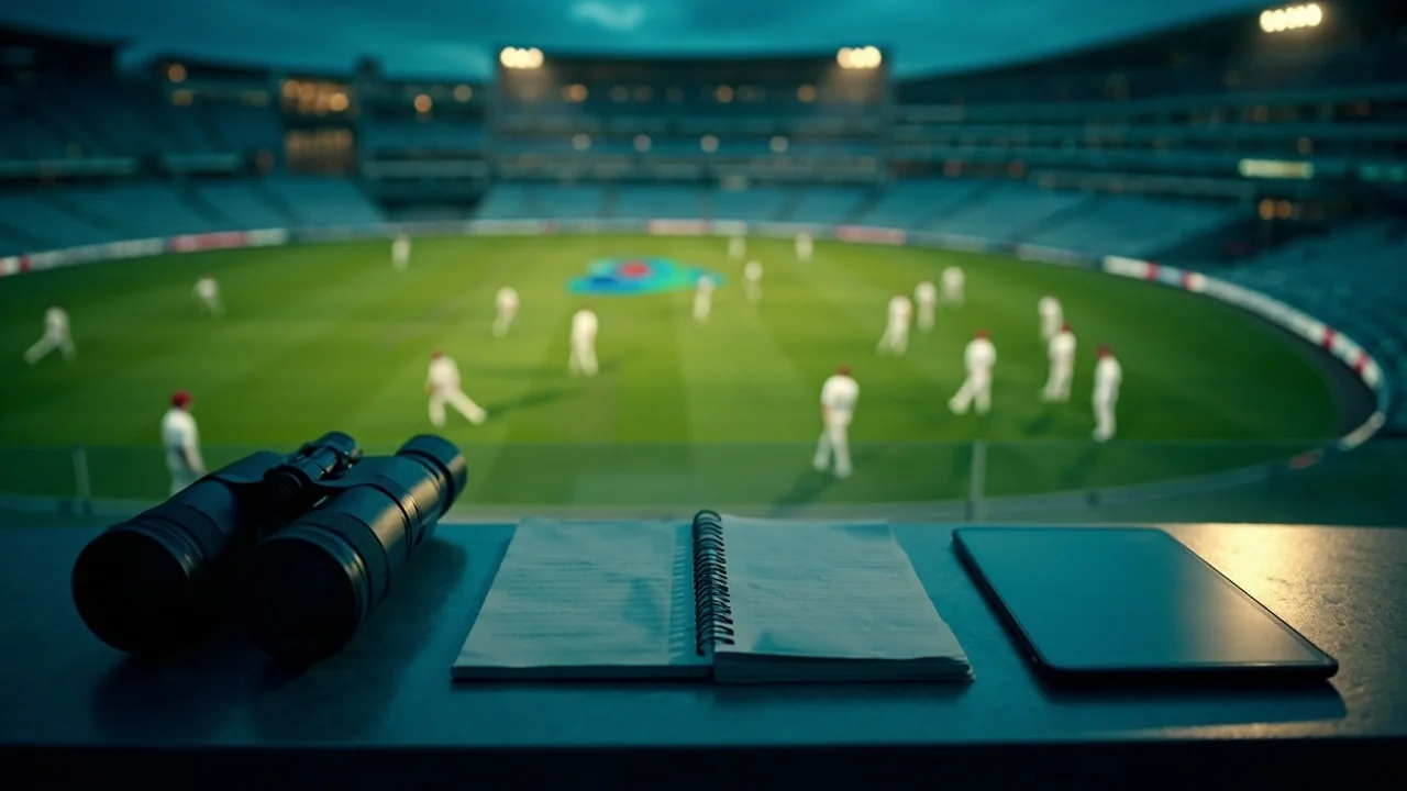 A cricket analyst seated high in a stadium media area watching players warm up below, blank notebook visible