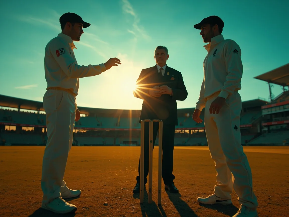 Two cricket captains and an official at the pitch before the toss at an evening match