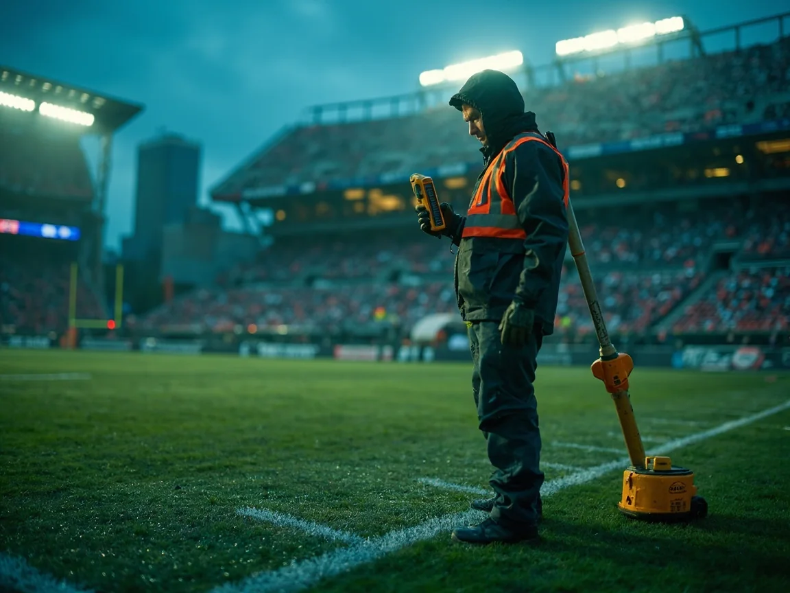 A stadium groundskeeper checking evening humidity with a handheld weather meter beside the boundary