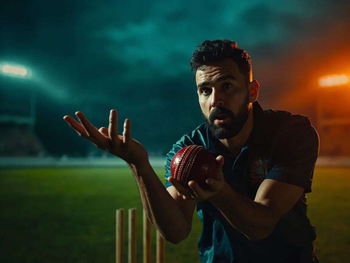 A bowler in delivery stride during an evening match, viewed from the slip cordon