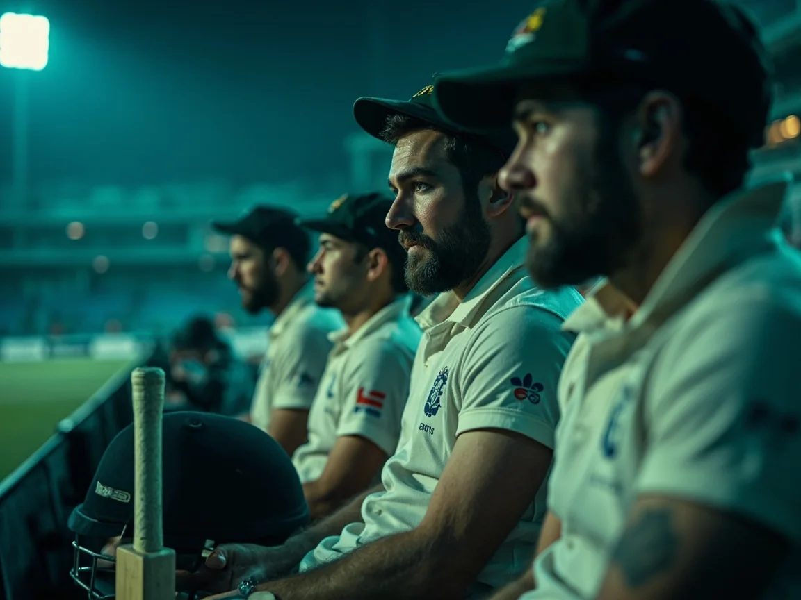 Substitute players watching play from the dugout during an evening match