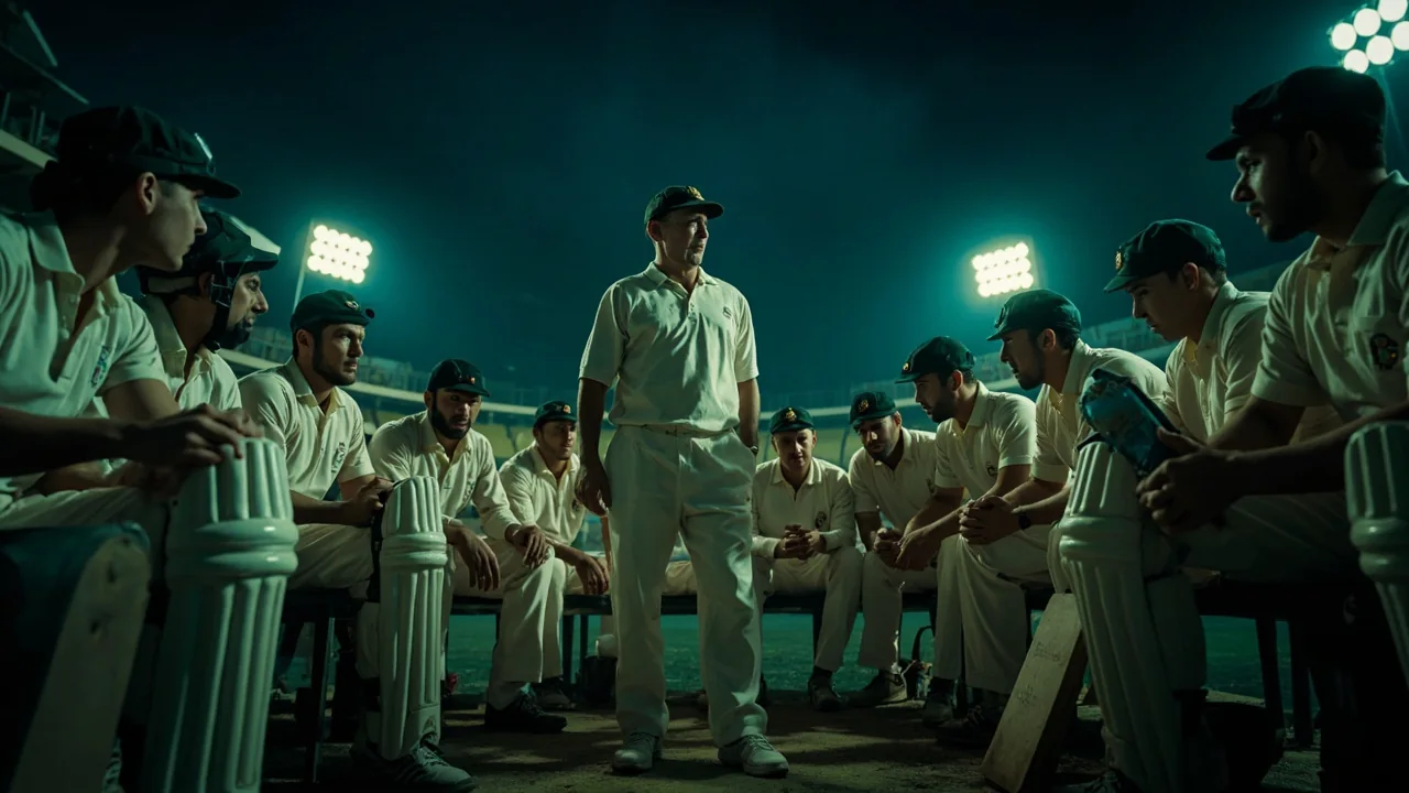 A cricket team's dugout during an evening match, players watching play from the bench